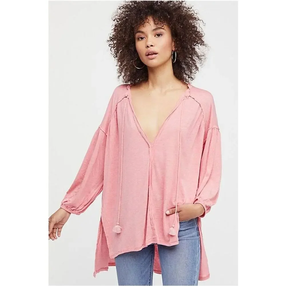 Free People We The Free Flowing Lightweight Linen Blend Tassel Peasant Blouse